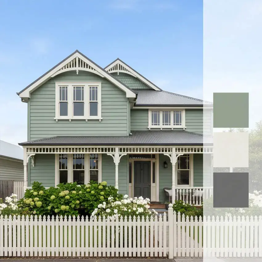 Sage green exterior with off-white trim